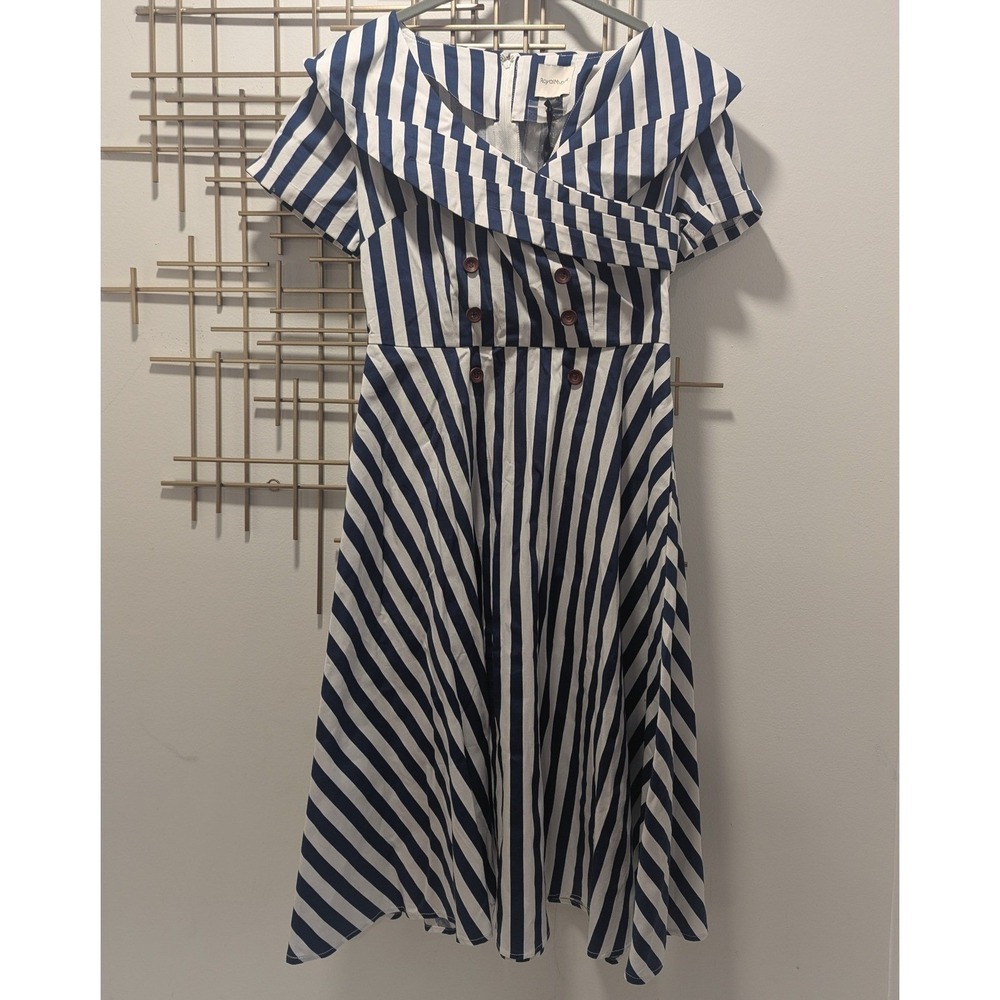Retro Sailor Fit & Flare Dress Navy White Striped Portrait Collar Nautical NWT